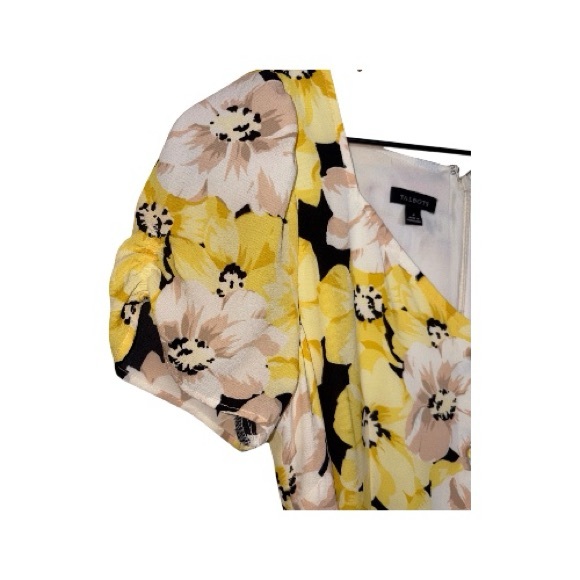 Talbots. Black Yellow Floral Print Button-Front Short Sleeves Midi Dress 4 - Picture 6 of 9